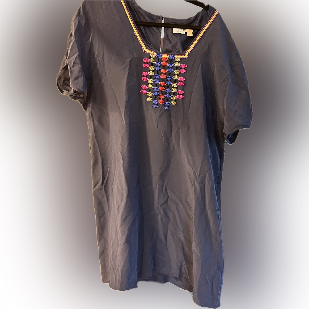 Tibi Silk Navy Tunic Dress – Artful Embroidery, Effortless Chic – Size 10
